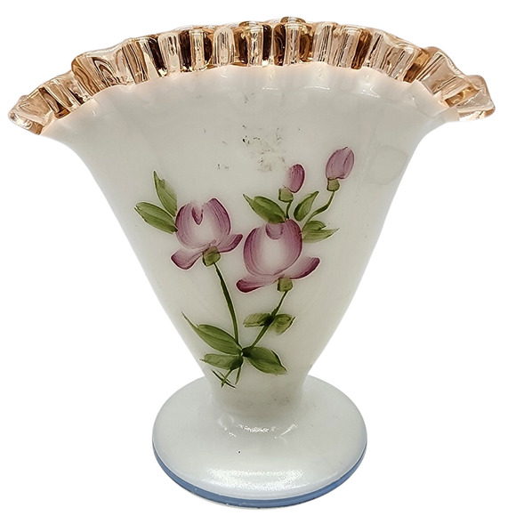 VINTAGE FENTON 36 Rosecrest Decorated Fan Vase - Picture 1 of 7
